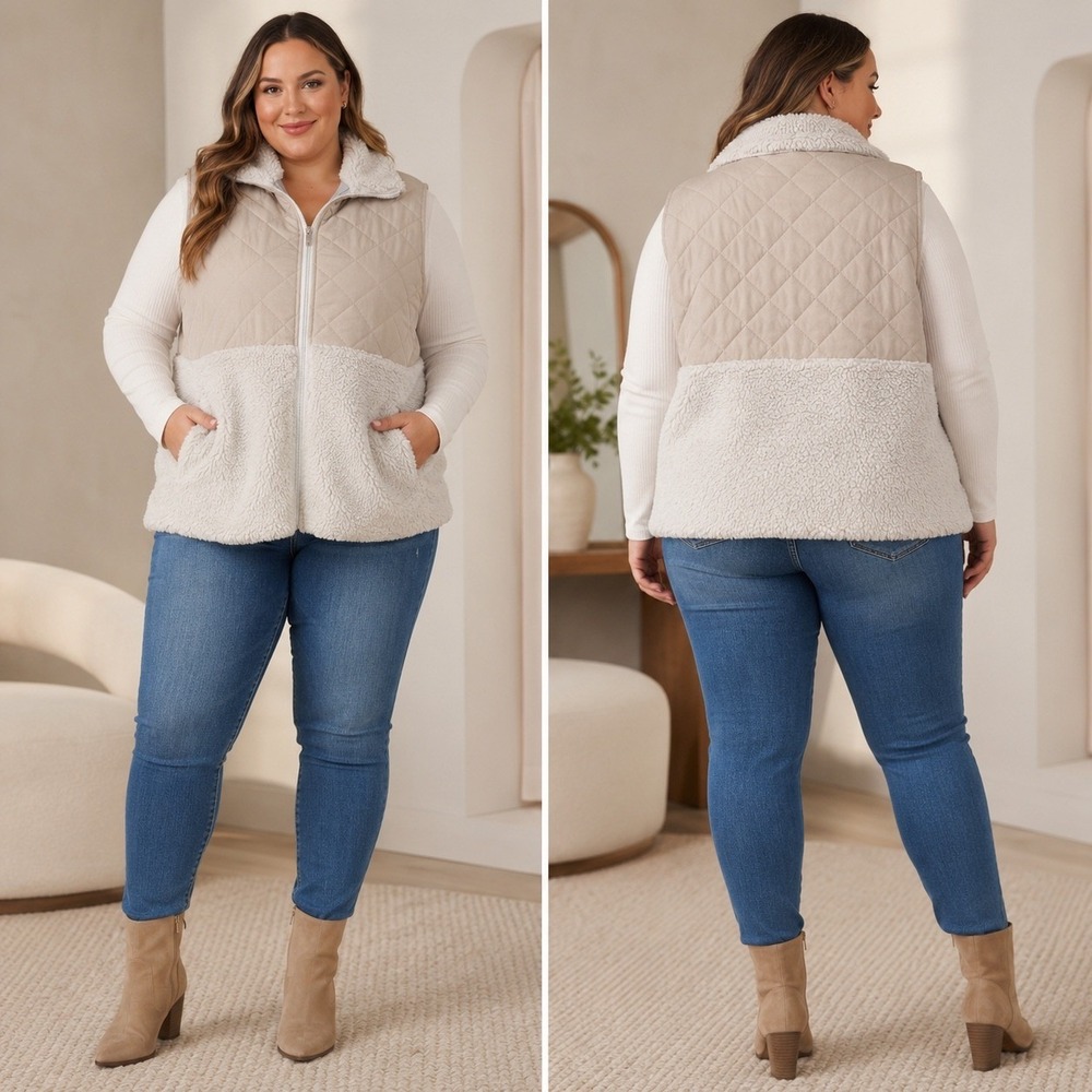 Chic Soul Women 1XL Beige Cream Sherpa Quilted Zip Vest Faux Fur Plus Size